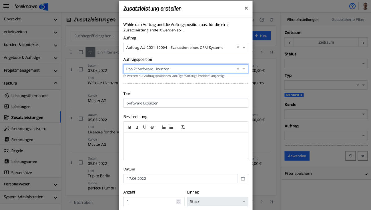 Zusatzleistungen erstellen