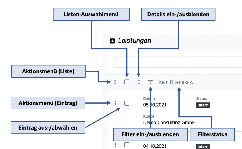 Listen - Aktionen (Linker Abschnitt)