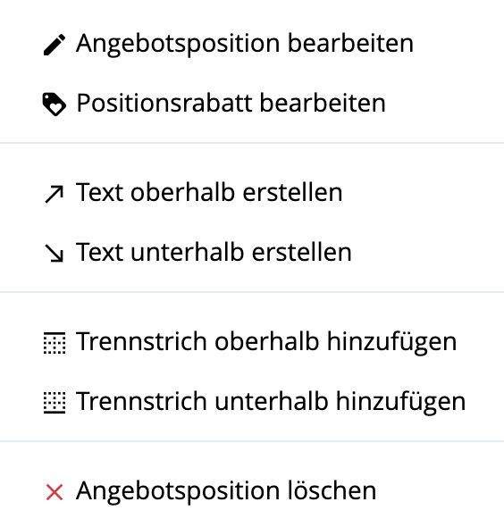Angebote - Aktionsmenü der Angebotsposition