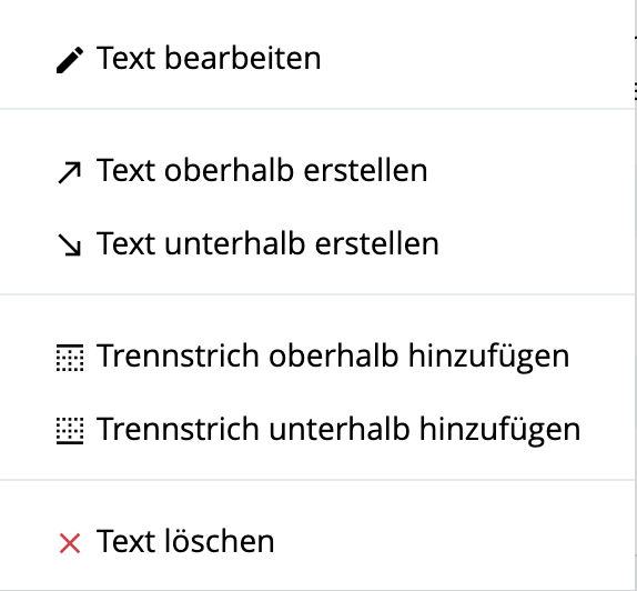 Angebote - Aktionsmenü der Textposition