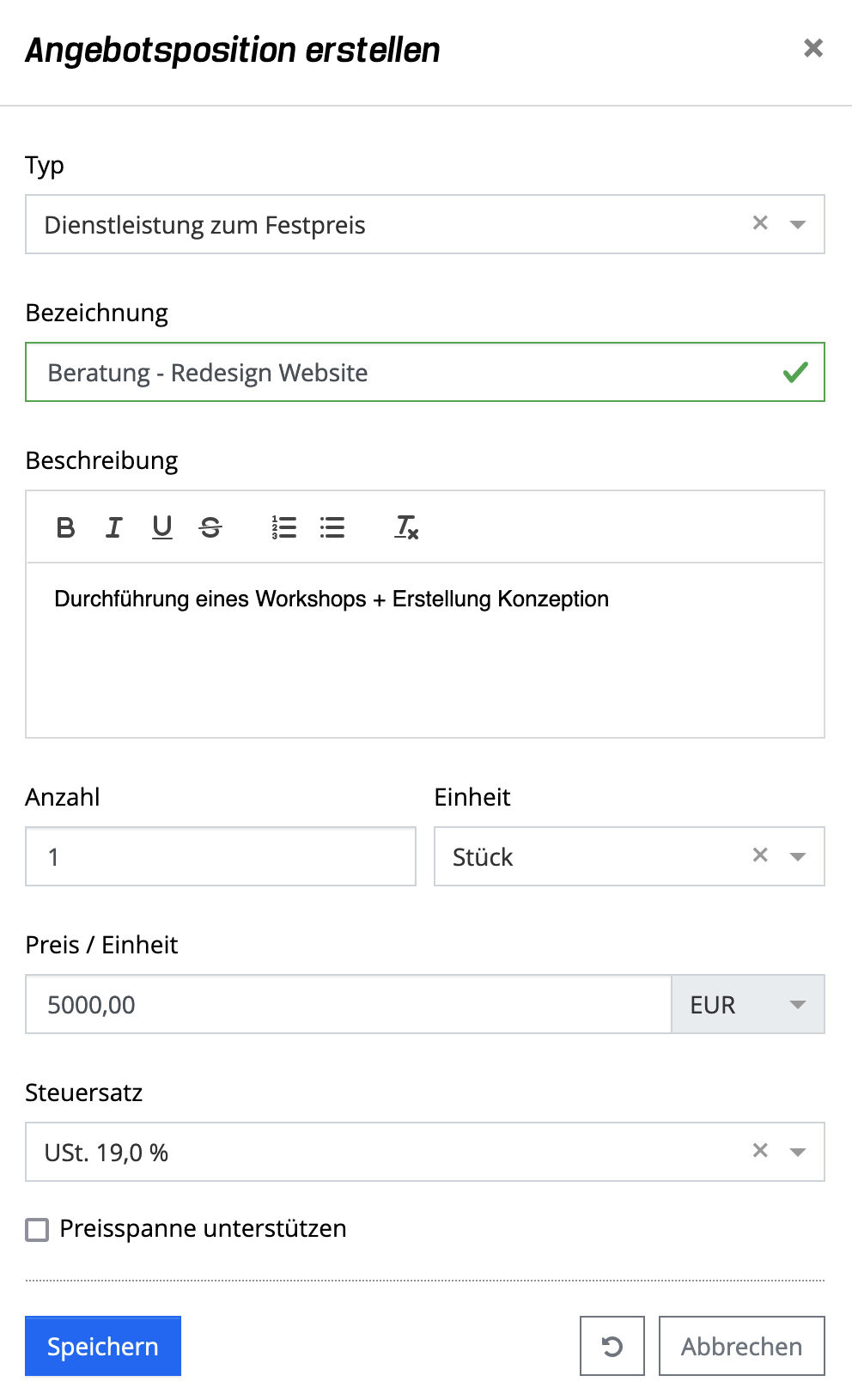 Angebote - Angebotsposition Festpreis