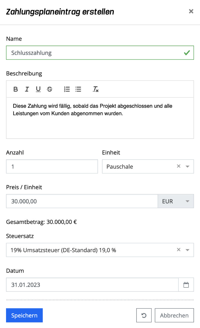 Aufträge - Zahlungsplaneintrag erstellen