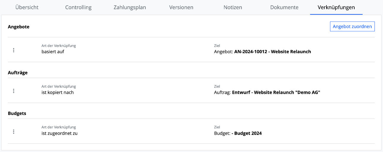 Verknüpfungen eines Auftrags