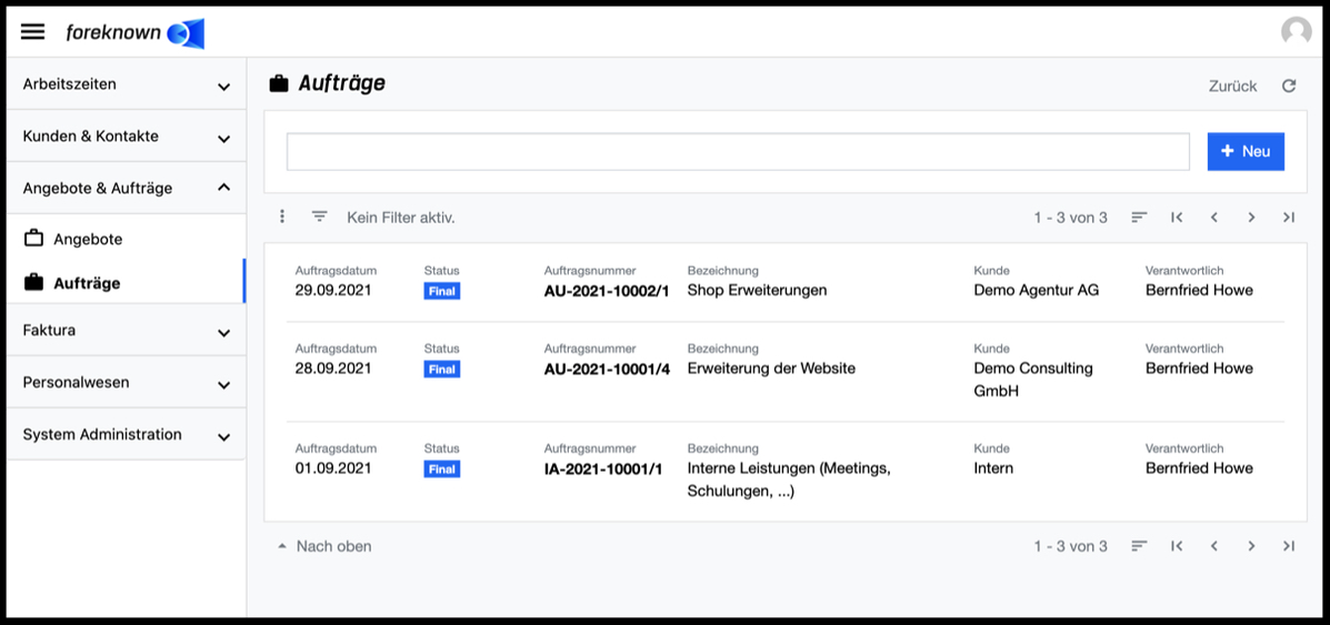 Aufträge - Liste und Suche