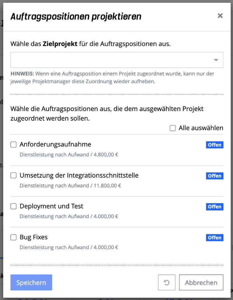 Auftragspositionen projektieren