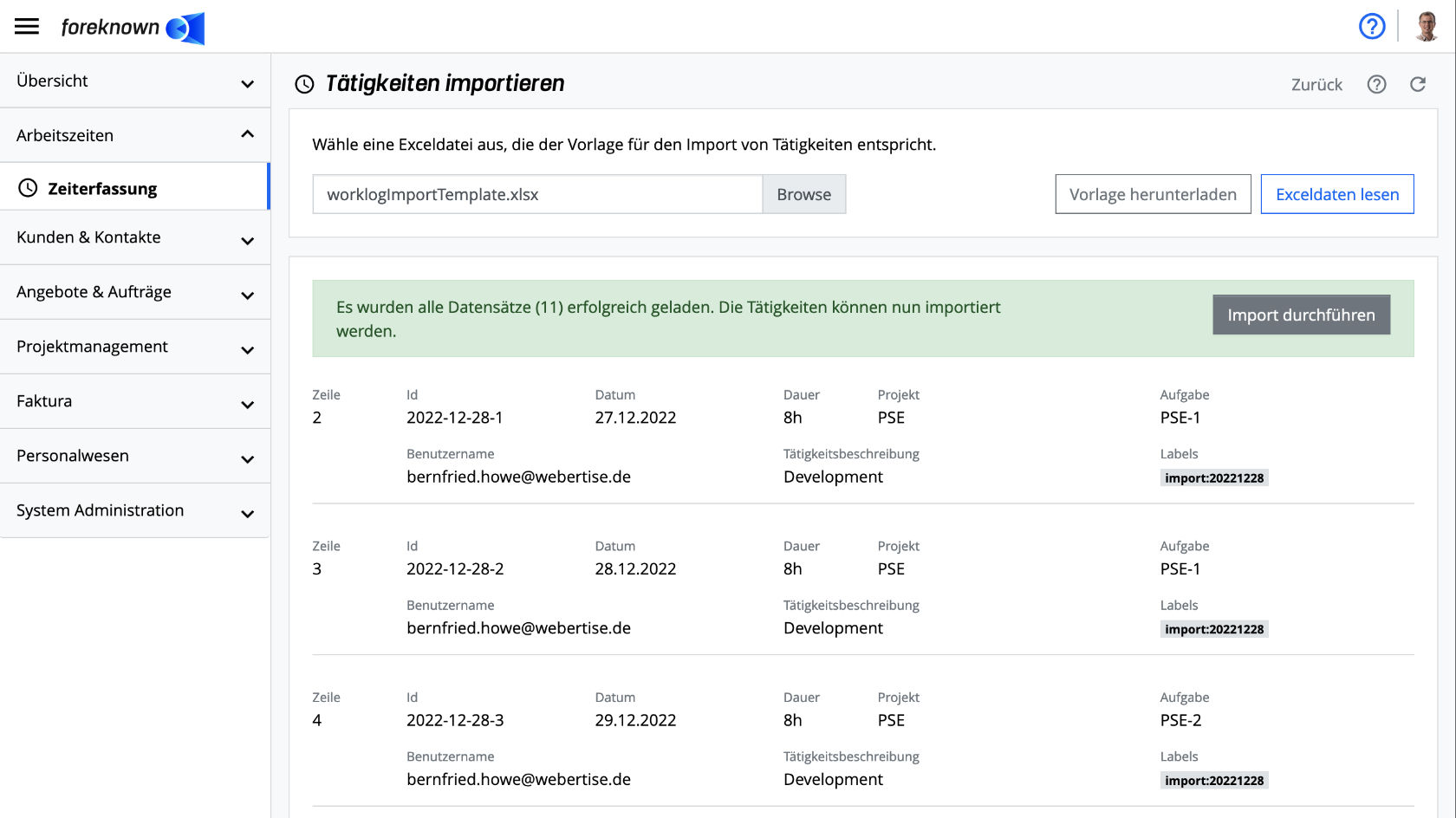 Tätigkeiten importieren - Übersicht