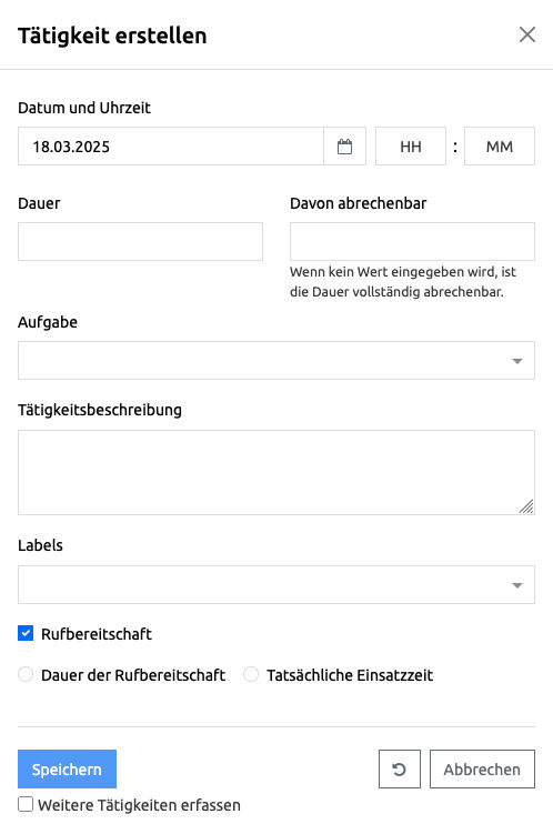 Tätigkeit erstellen - Popup Dialog