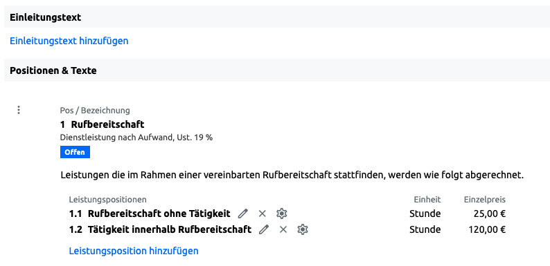 Rufbereitschaft - Auftragsposition