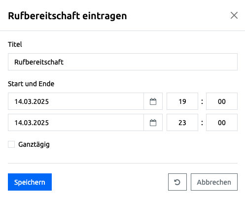 Rufbereitschaft eintragen - Popup Dialog