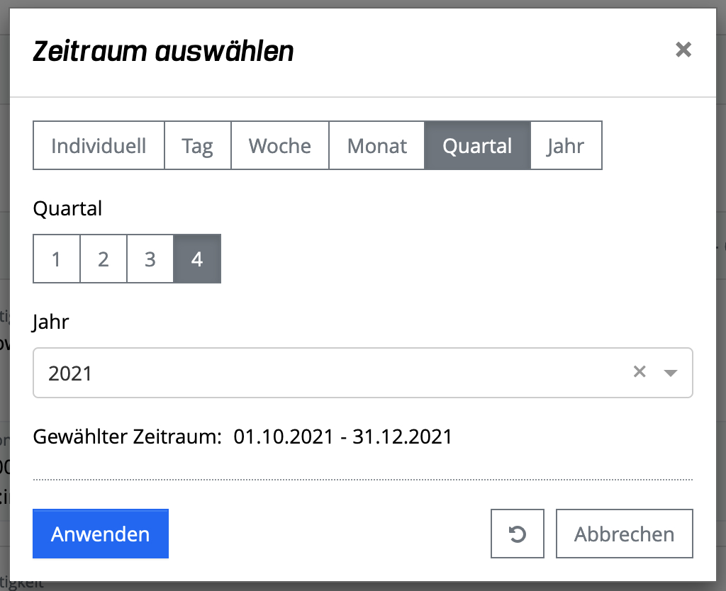 Zeitraum auswählen Dialog - Quartal