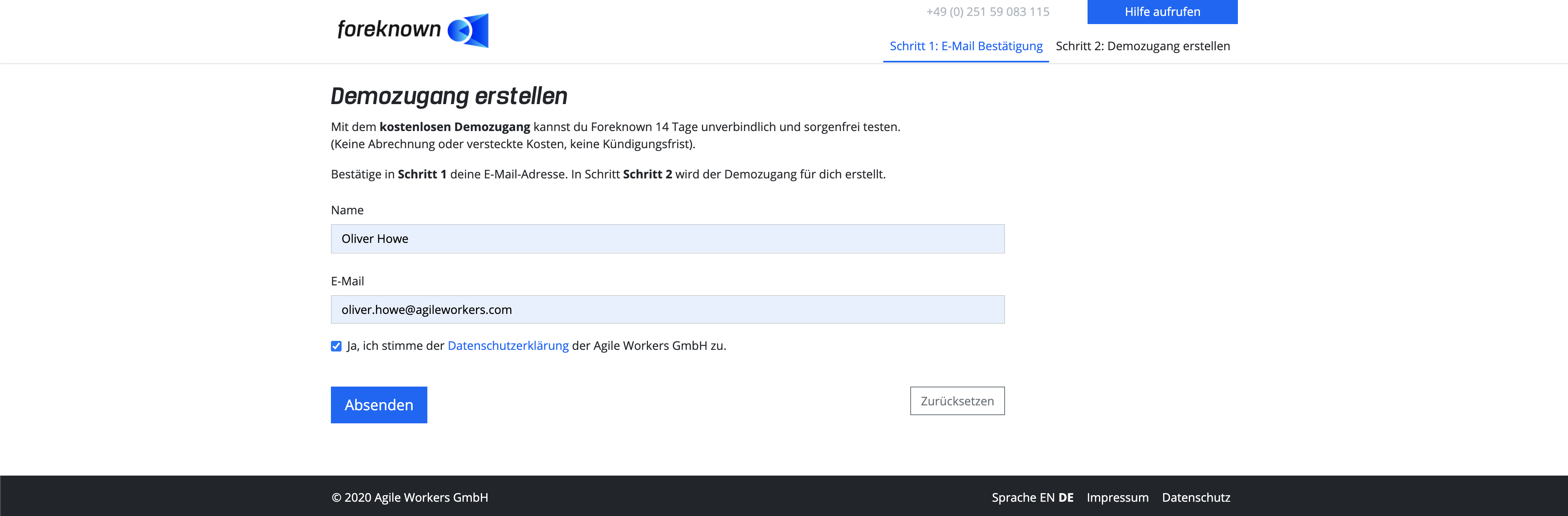 Registrierung - Demozugang erstellen - Schritt 1