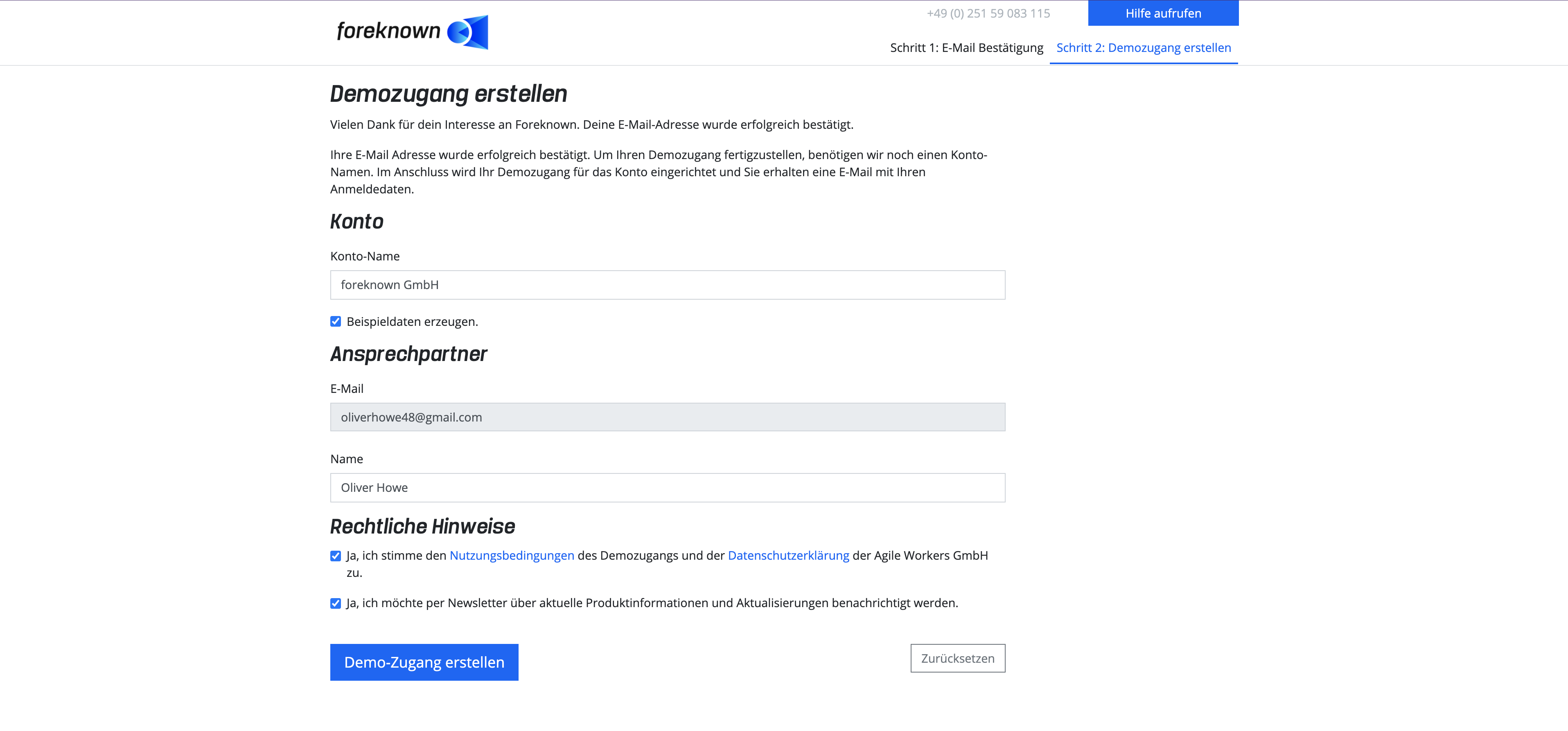 Registrierung - Demozugang erstellen - Schritt 2