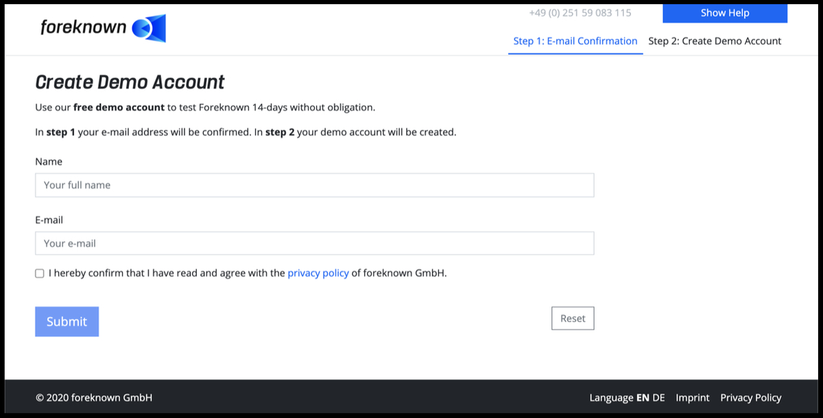 Registration - Create Demo Account - Step 1