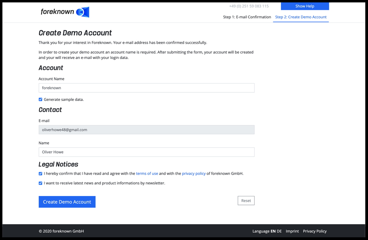 Registration - Create Demo Account - Step 2