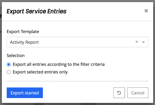 Export service entries Exported service entries to Excel