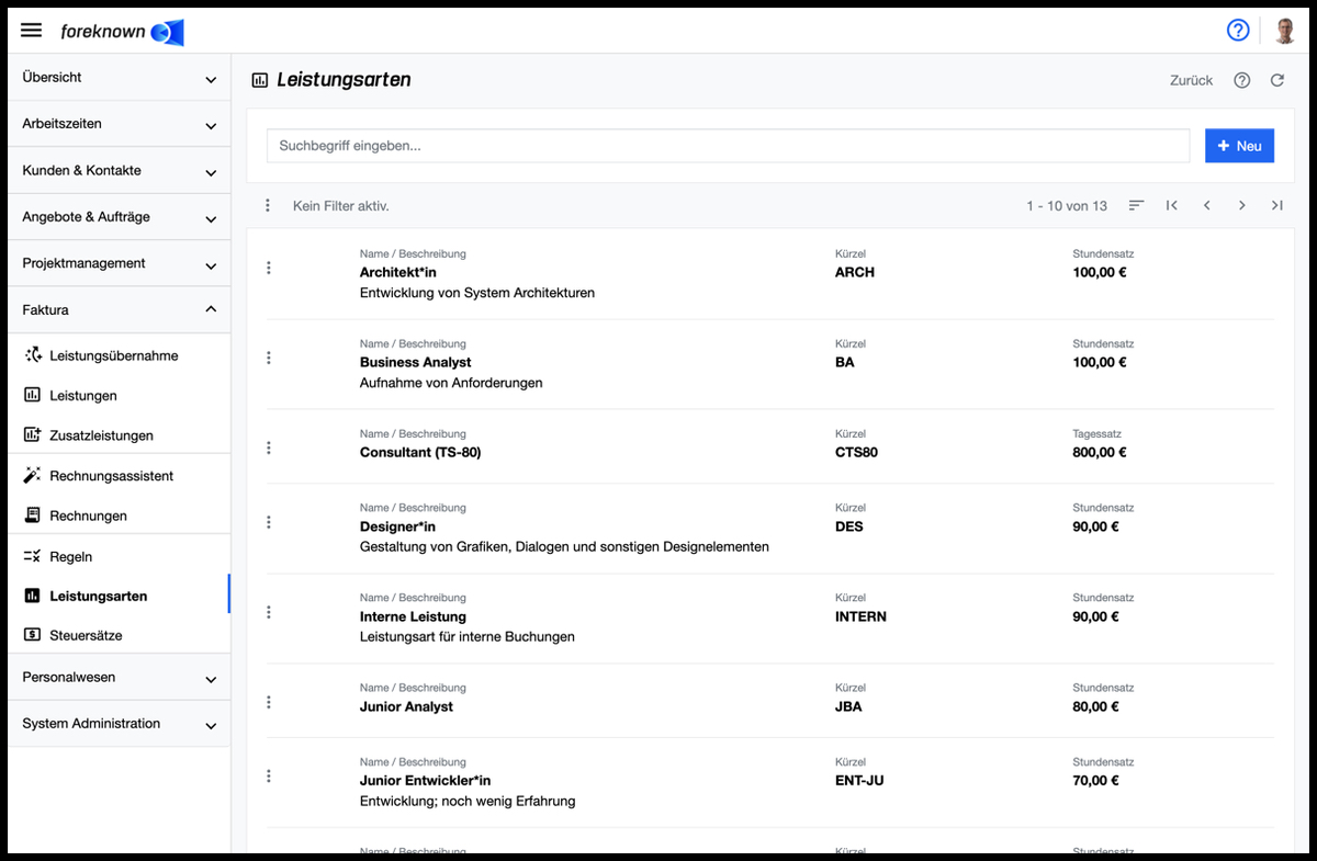 Leistungsarten - Liste und Suche