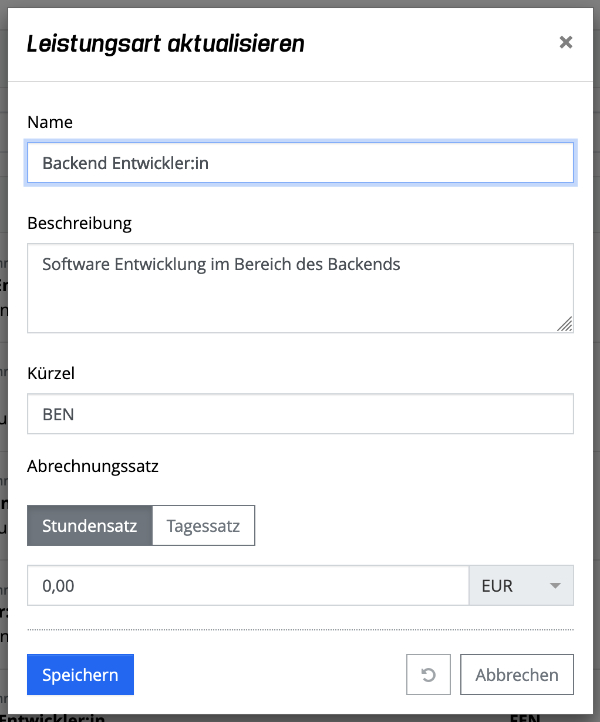 Leistungsart aktualisieren - Popup Dialog