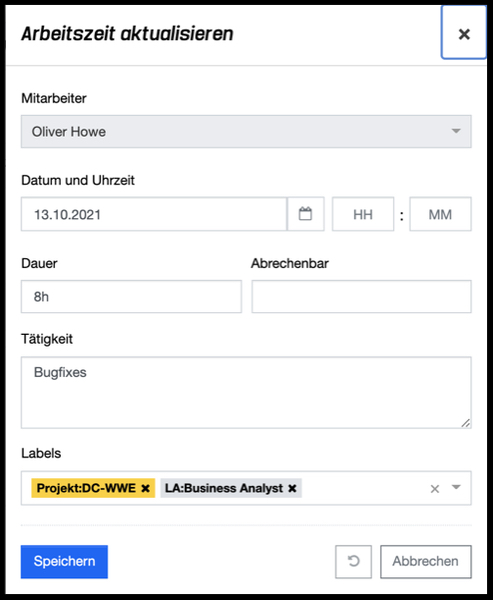 Leistungsübernahme - Arbeitszeit bearbeiten