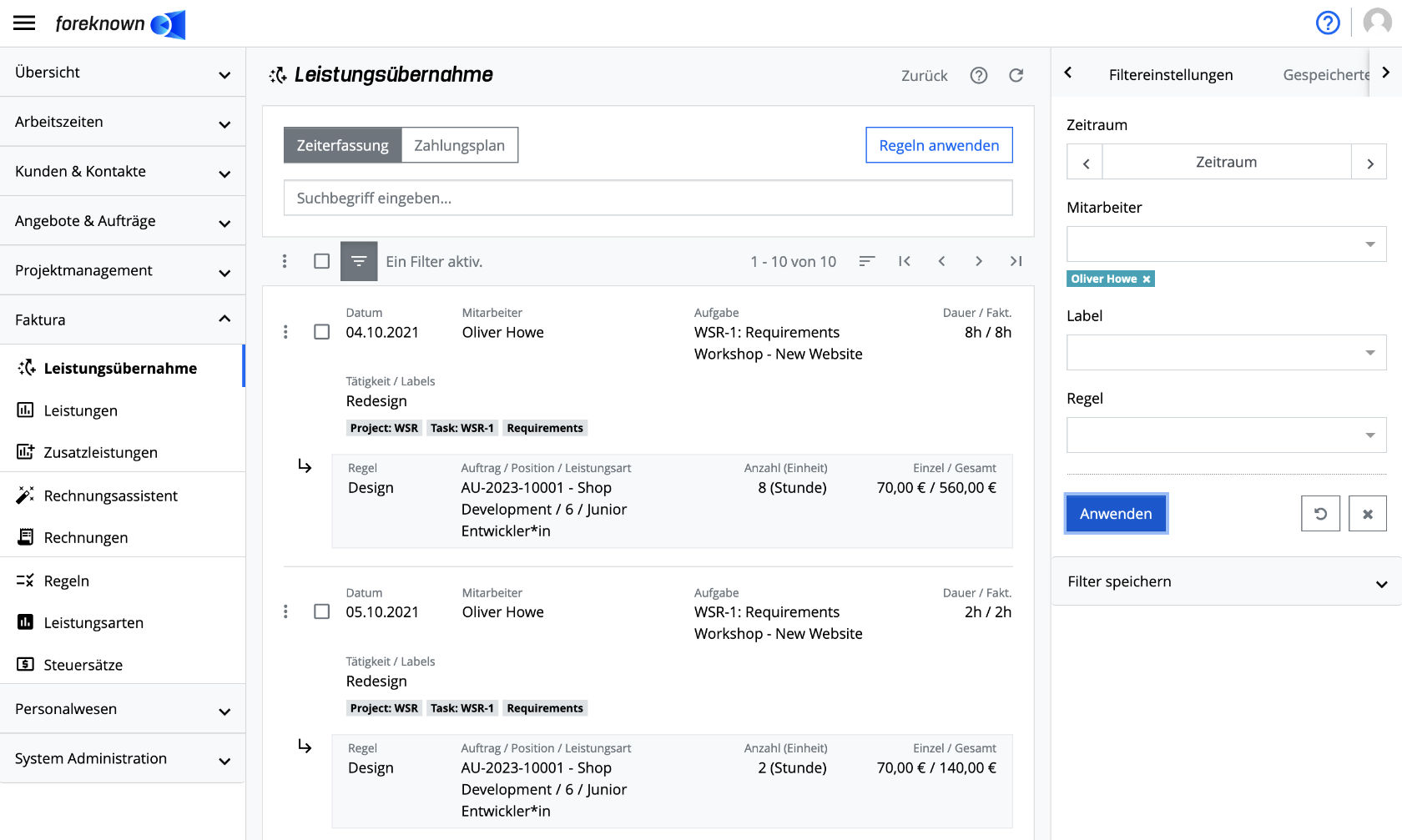 Leistungsübernahme - Zeiterfassung