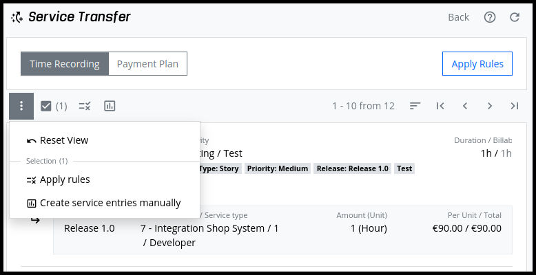 Service transfer - working time bookings - action menu