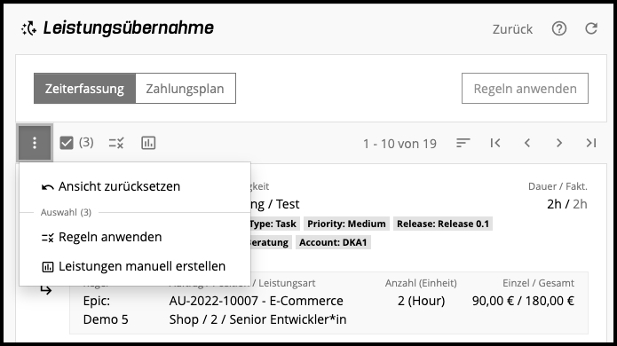 Leistungsübernahme - Arbeitszeitbuchungen - Aktionsmenü