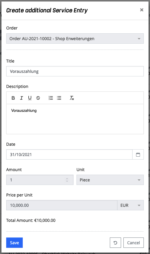 Service Transfer - Payment Plan - Create additional service entry