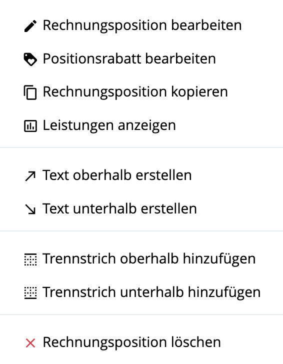 Rechnungen - Aktionsmenü der Rechnungsposition