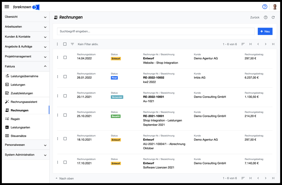 Liste der Rechnungen