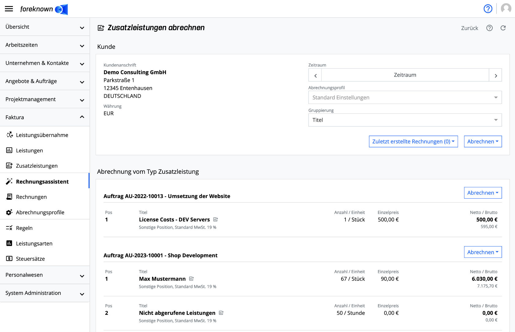 Rechnungsassistent - Zusatzleistungen abrechnen