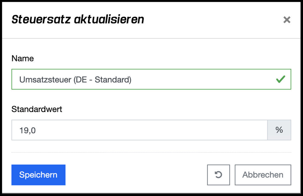 Steuersatz aktualisieren - Popup Dialog