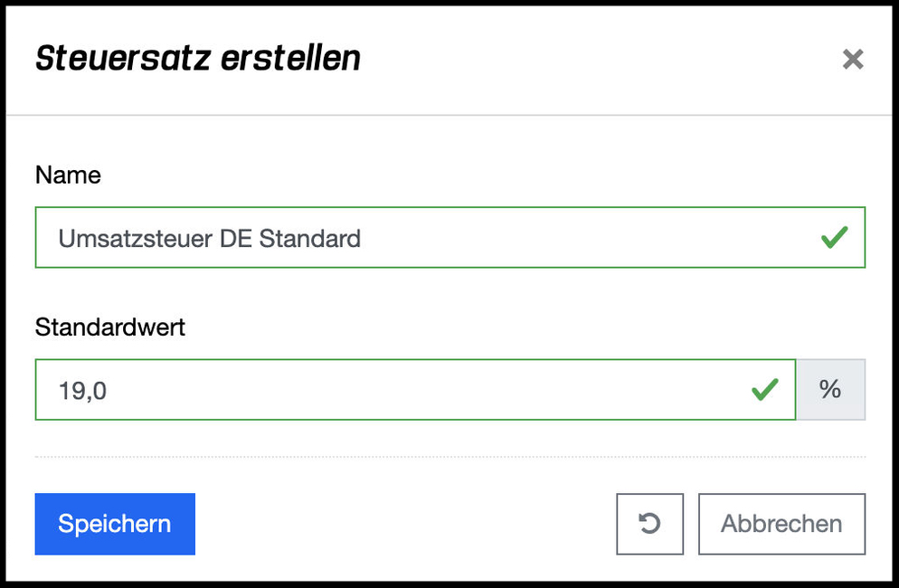 Steuersatz erstellen - Popup Dialog