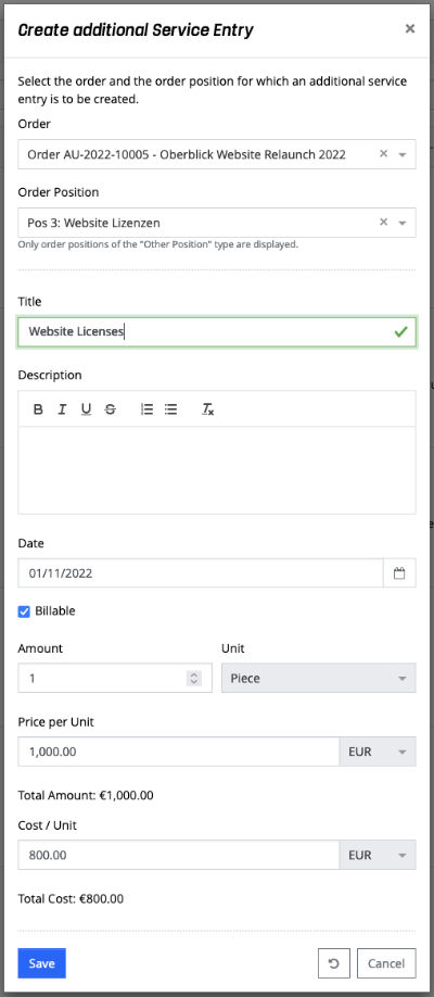 Additional Service Entries - Create Additional Service Entry