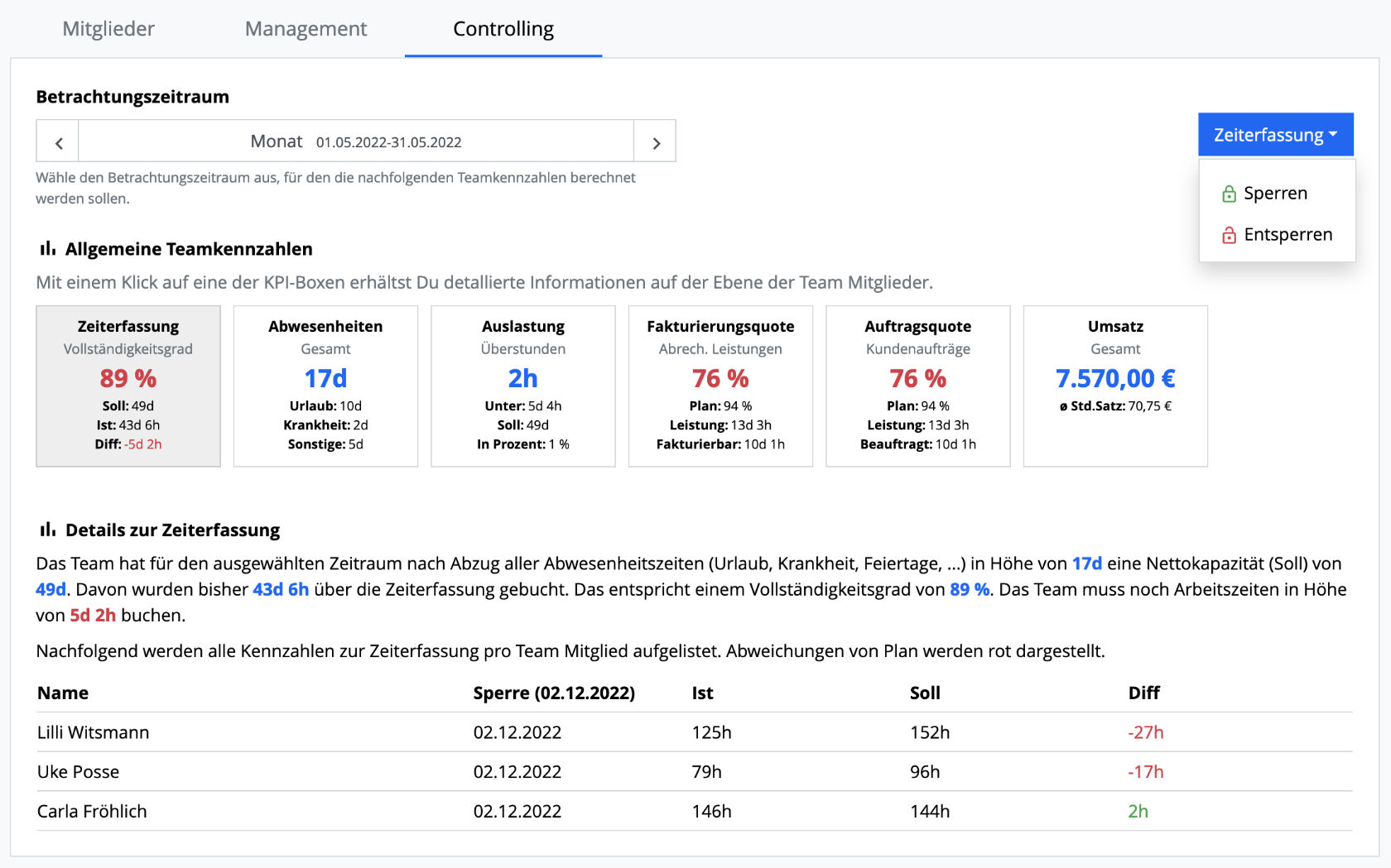 Teams - Controlling - Zeiterfassung sperren