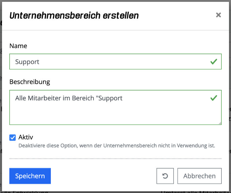 Unternehmensbereiche - Erstellen