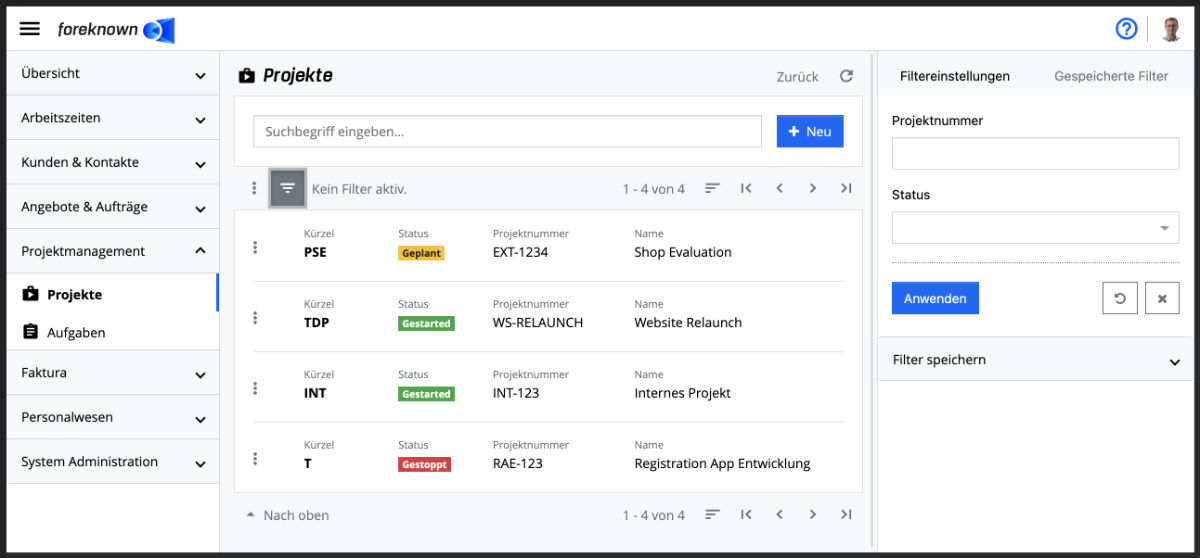 Projekte - Filter Dialog offen