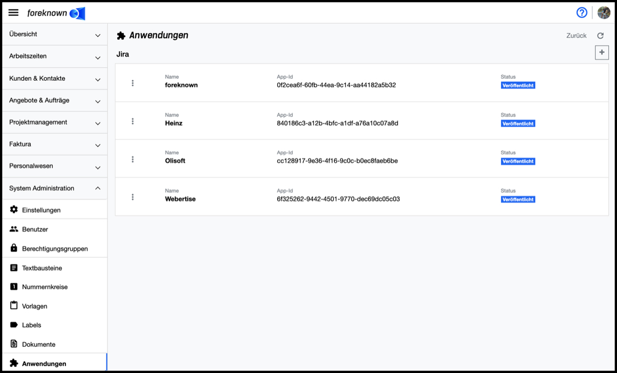 Anwendungen - Anwendung Liste