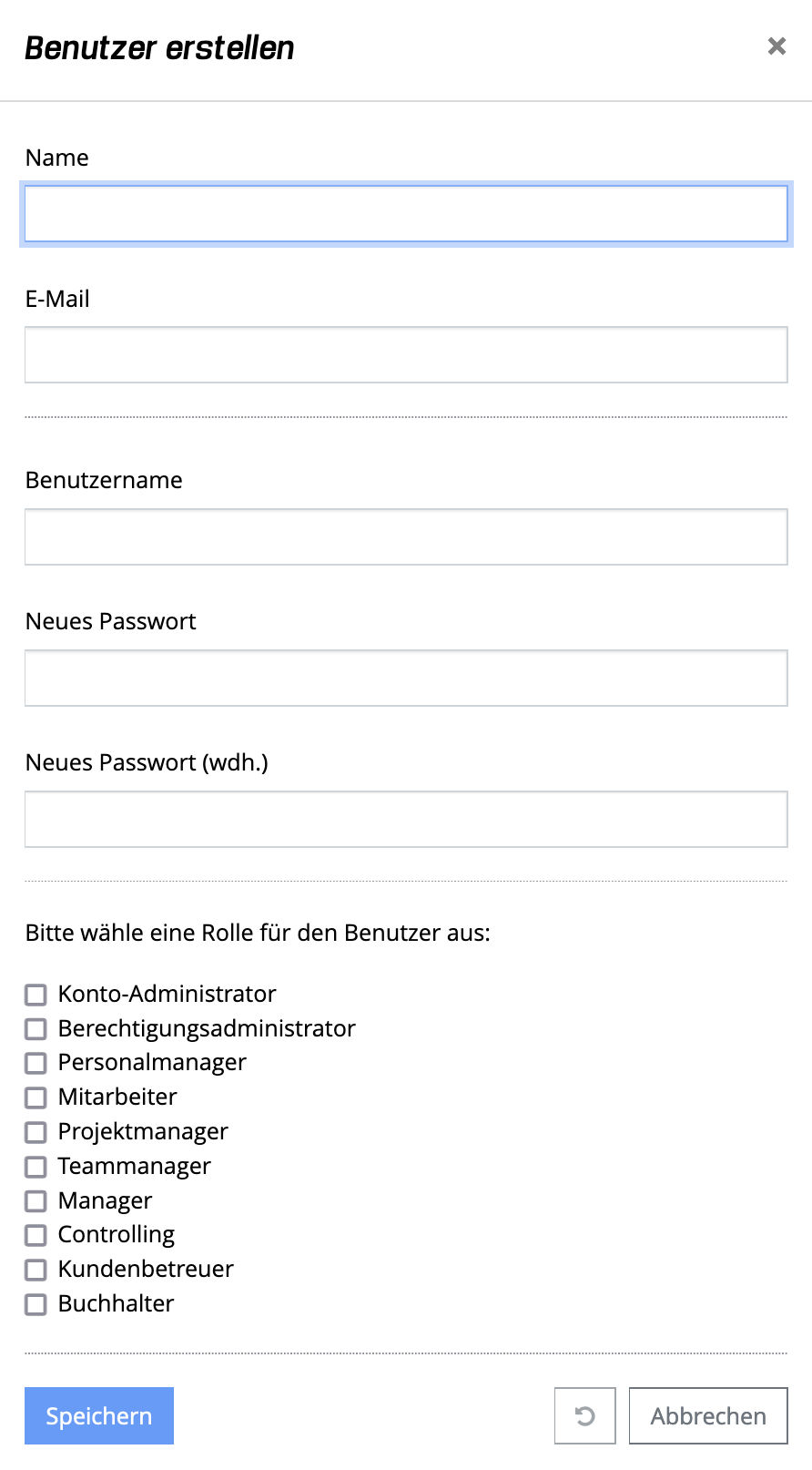 Benutzer erstellen - Popup Dialog