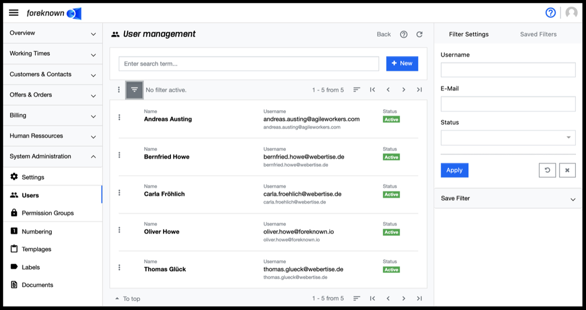 User Management - Filter Dialog