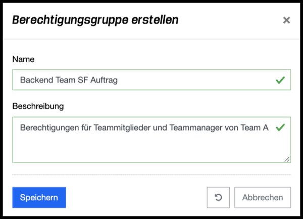 Berechtigungsgruppe erstellen - Popup Dialog