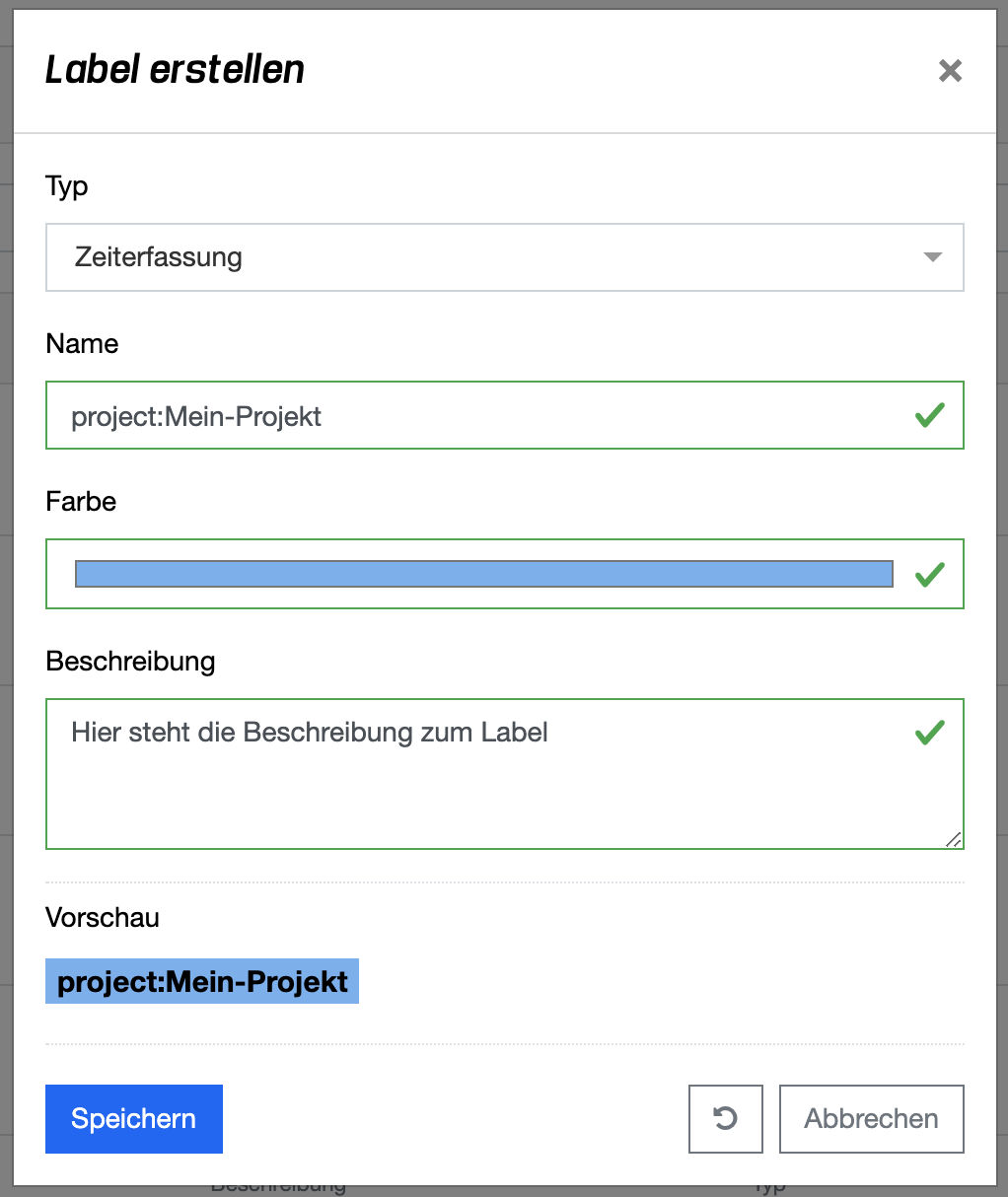 Label erstellen - Popup Dialog