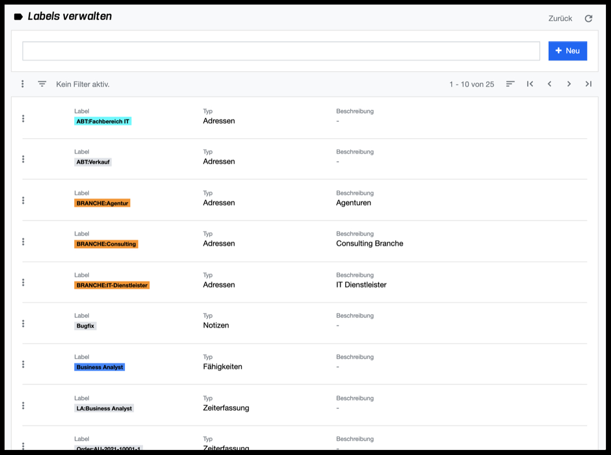 Labels - Liste und Suche