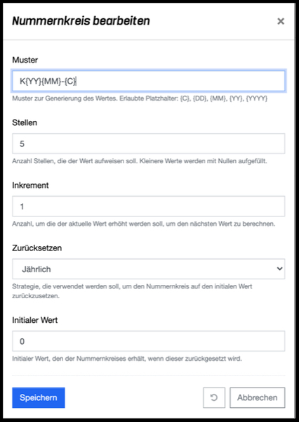 Einstellungen - Nummernkreis bearbeiten