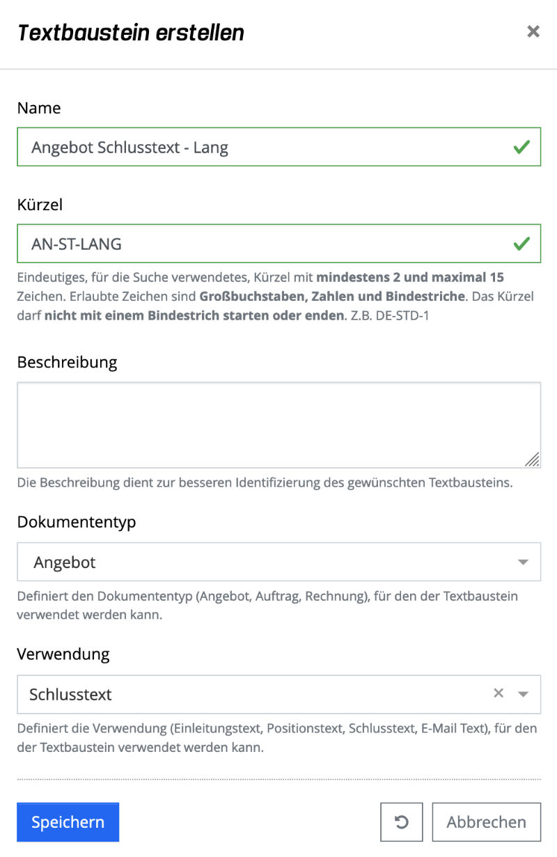 Textbaustein erstellen - Popup Dialog