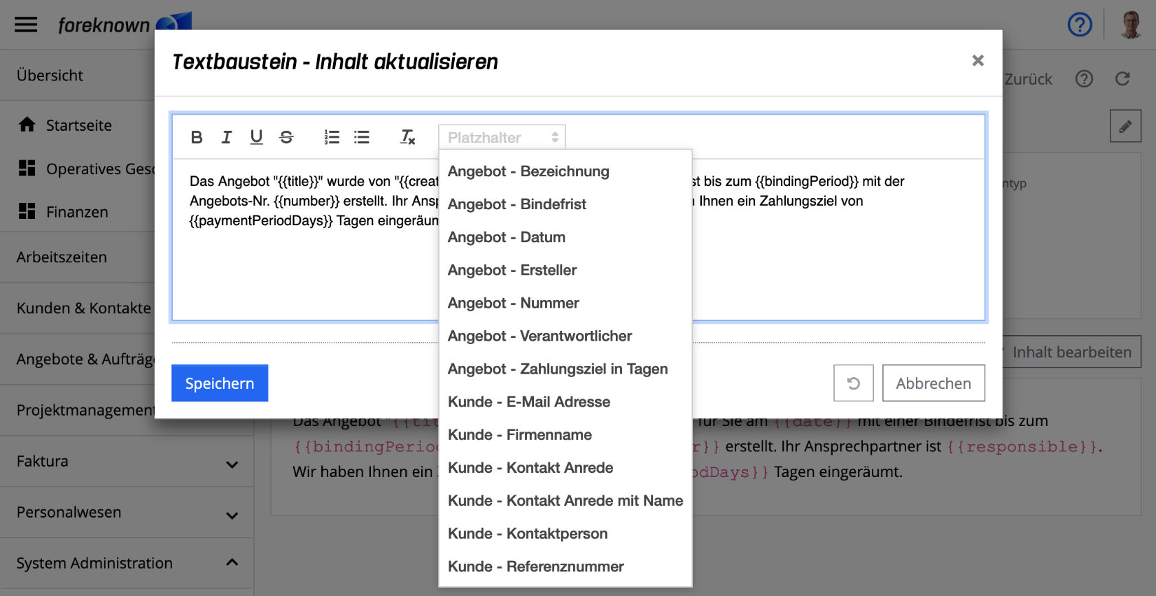 Detailansicht eines Textbausteins