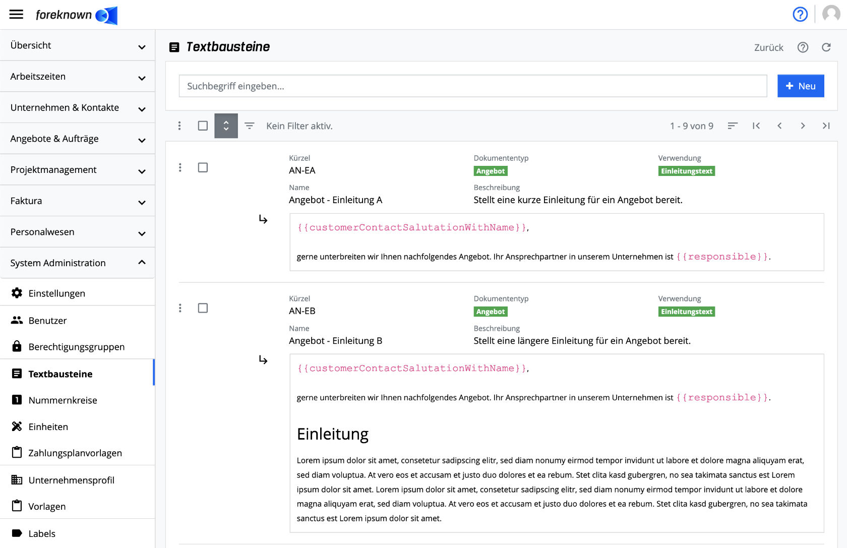 Liste der Textbausteine