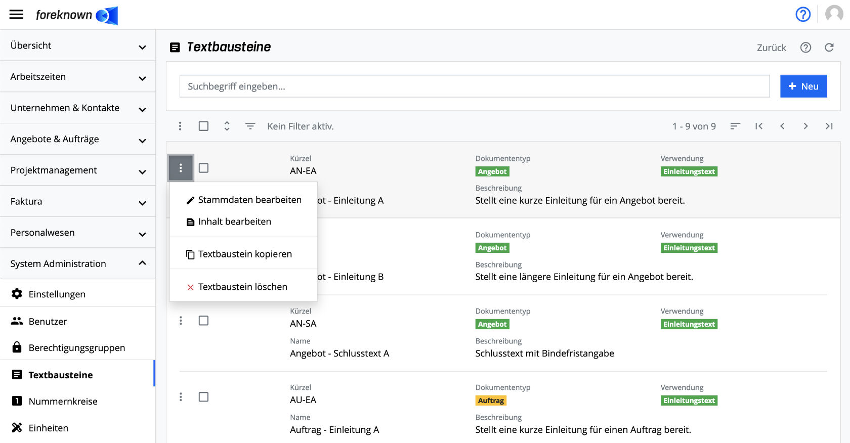 Liste der Textbausteine