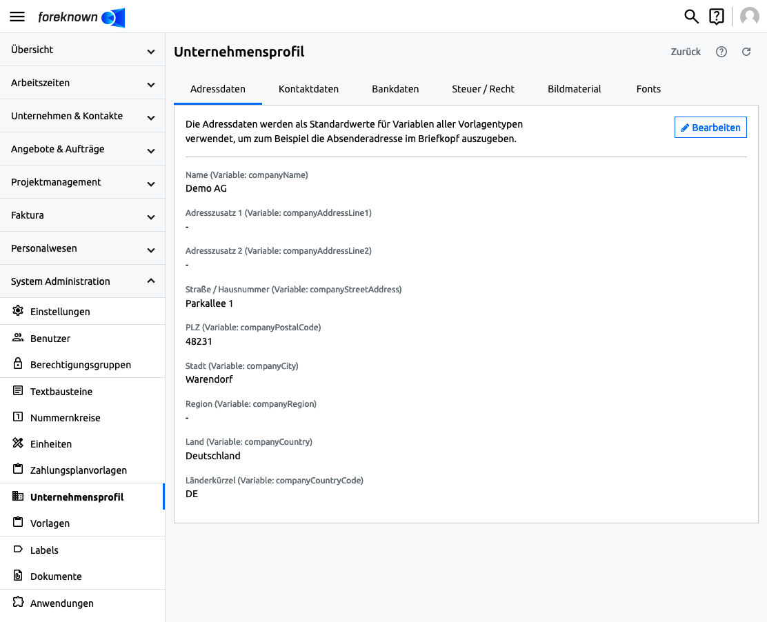 Unternehmensprofil - Adressdaten verwalten