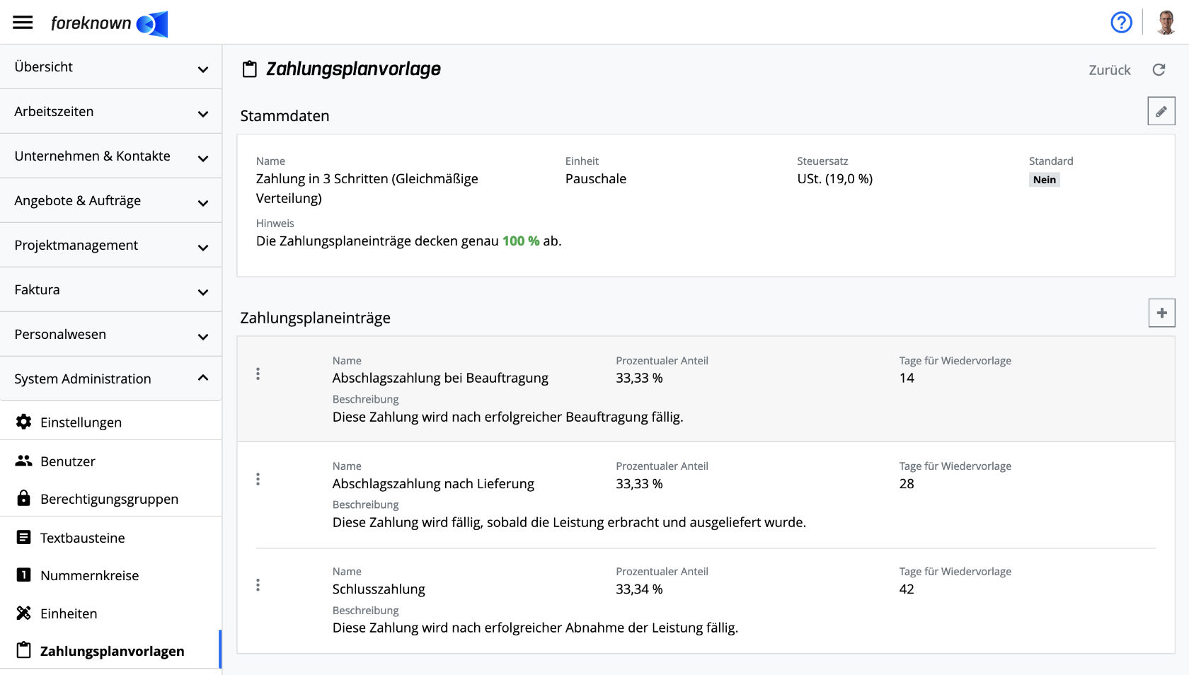 Detailansicht einer Zahlungsplanvorlage