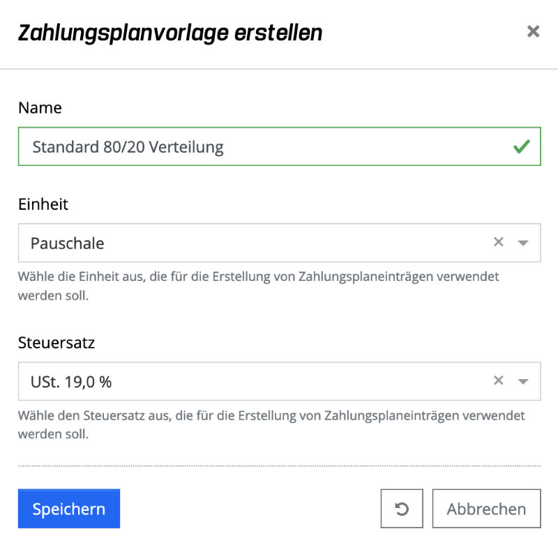 Zahlungsplanvorlage erstellen - Popup Dialog