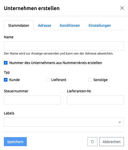 Unternehmen erstellen - Popup Dialog